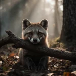 Fisher crouches on misty forest floor with eyes peeking from gnarled branch and leaves scattered around paws at dawn