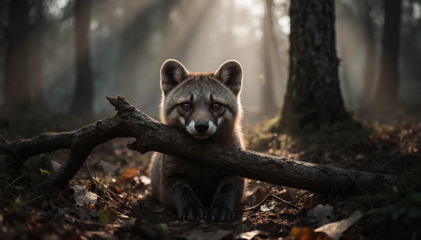 Fisher crouches on misty forest floor with eyes peeking from gnarled branch and leaves scattered around paws at dawn