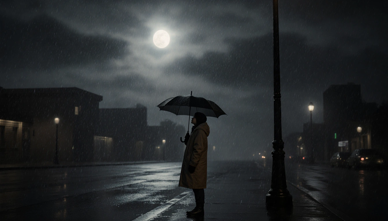 Young person gazing up with umbrella near streetlamp in rain-soaked Austin streets under misty moonlit sky