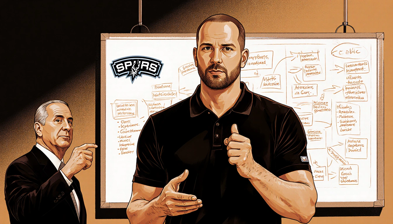 Mitch Johnson standing confidently with whiteboard notes and Spurs logo behind and gesturing game plan while Popovich nods.