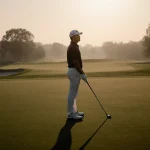 Mito Pereira standing alone on a green golf course at dusk with fading light and a discarded club near his feet.