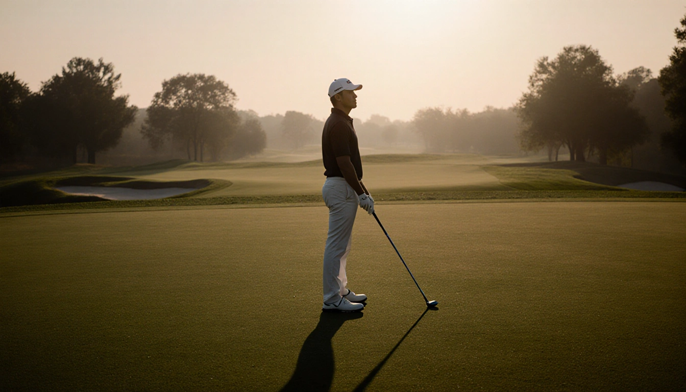 Mito Pereira standing alone on a green golf course at dusk with fading light and a discarded club near his feet.
