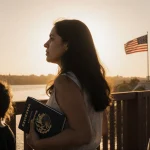 Mother holding two children at a border crossing with Rio Grande and American flag showing hopeful uncertainty.