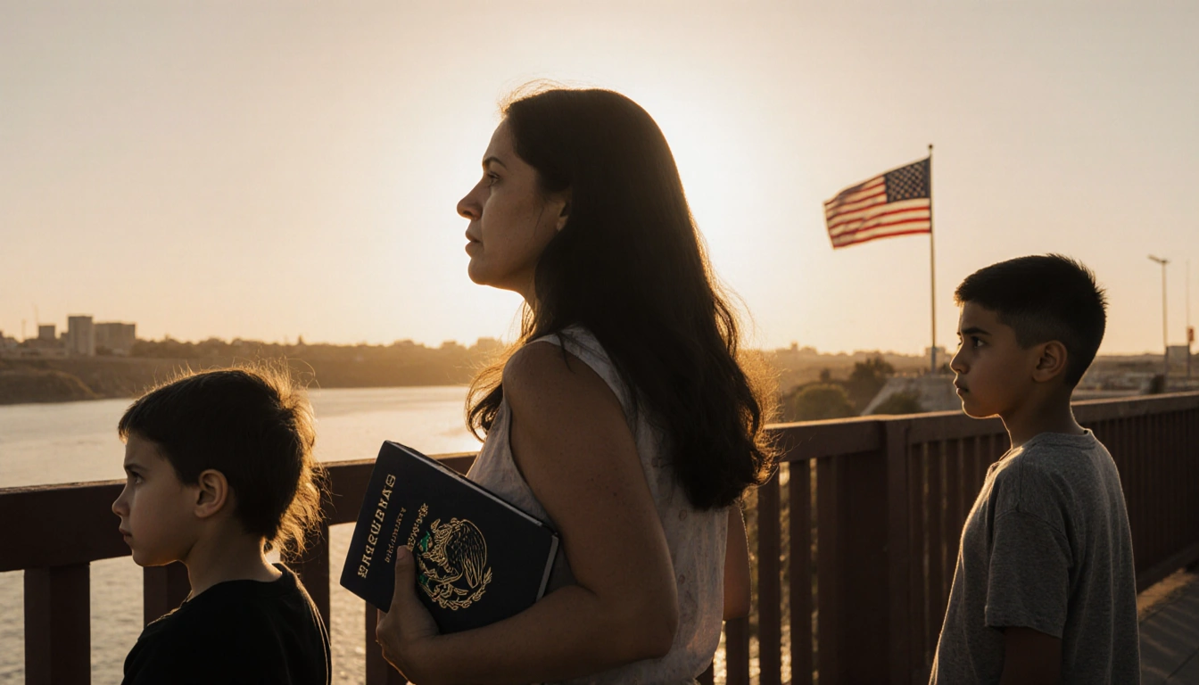 Mother holding two children at a border crossing with Rio Grande and American flag showing hopeful uncertainty.