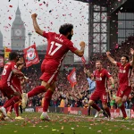 Mo Salah celebrating with teammates after scoring in Liverpool with confetti and cheering fans holding signs in Anfield