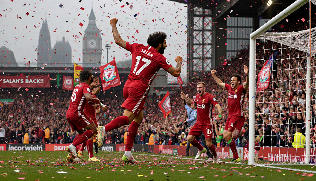 Mo Salah celebrating with teammates after scoring in Liverpool with confetti and cheering fans holding signs in Anfield