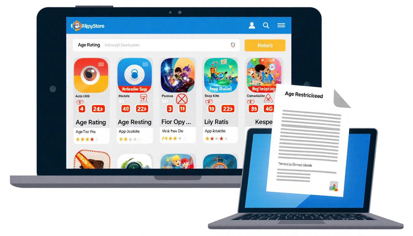 App icons with age ratings and stickers fill a mobile store screen while a laptop displays a Terms Update showing regulation