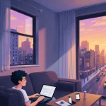 Young adult sits on couch with laptop and smartphone looking at sunset cityscape through open window