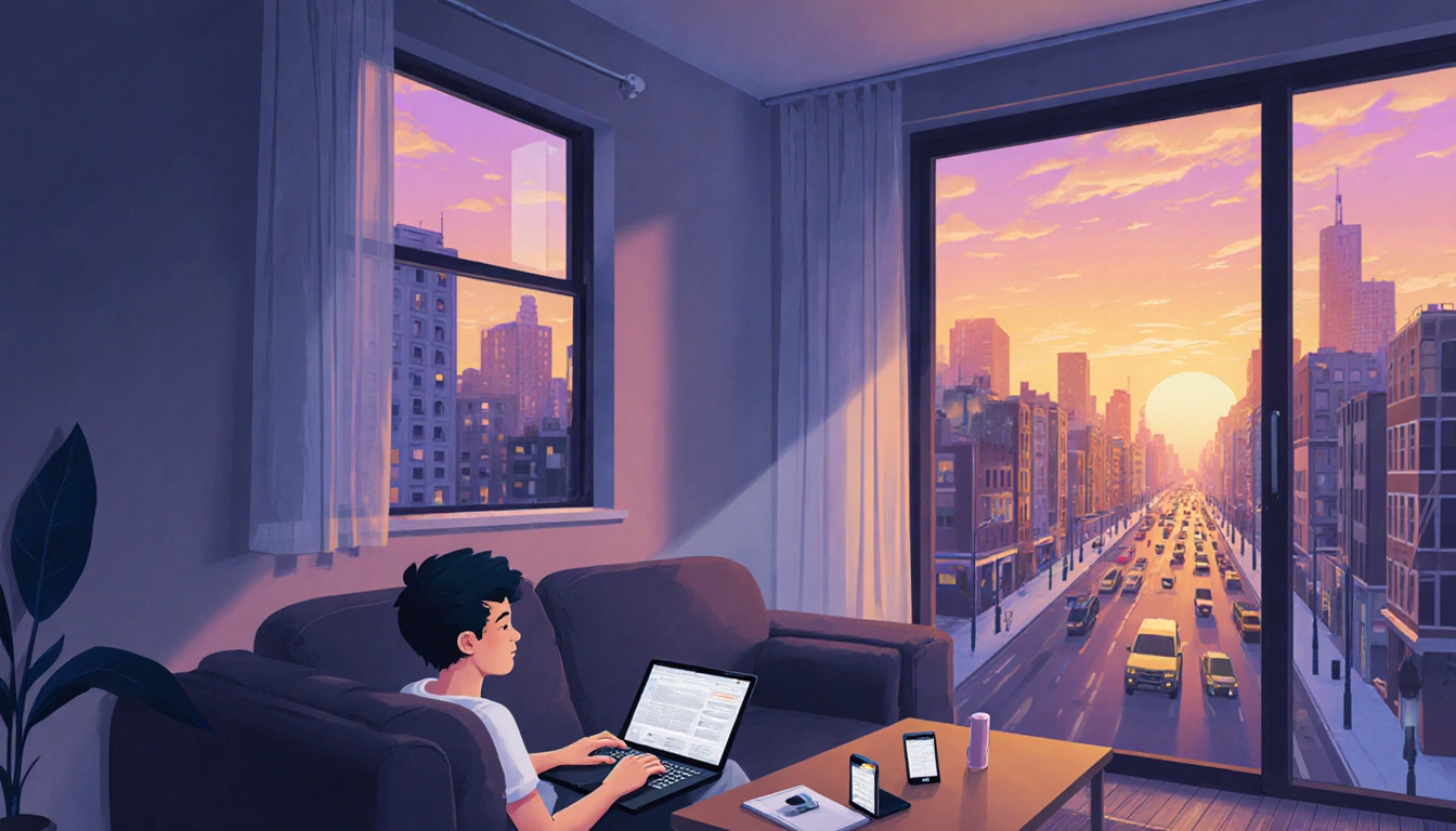 Young adult sits on couch with laptop and smartphone looking at sunset cityscape through open window