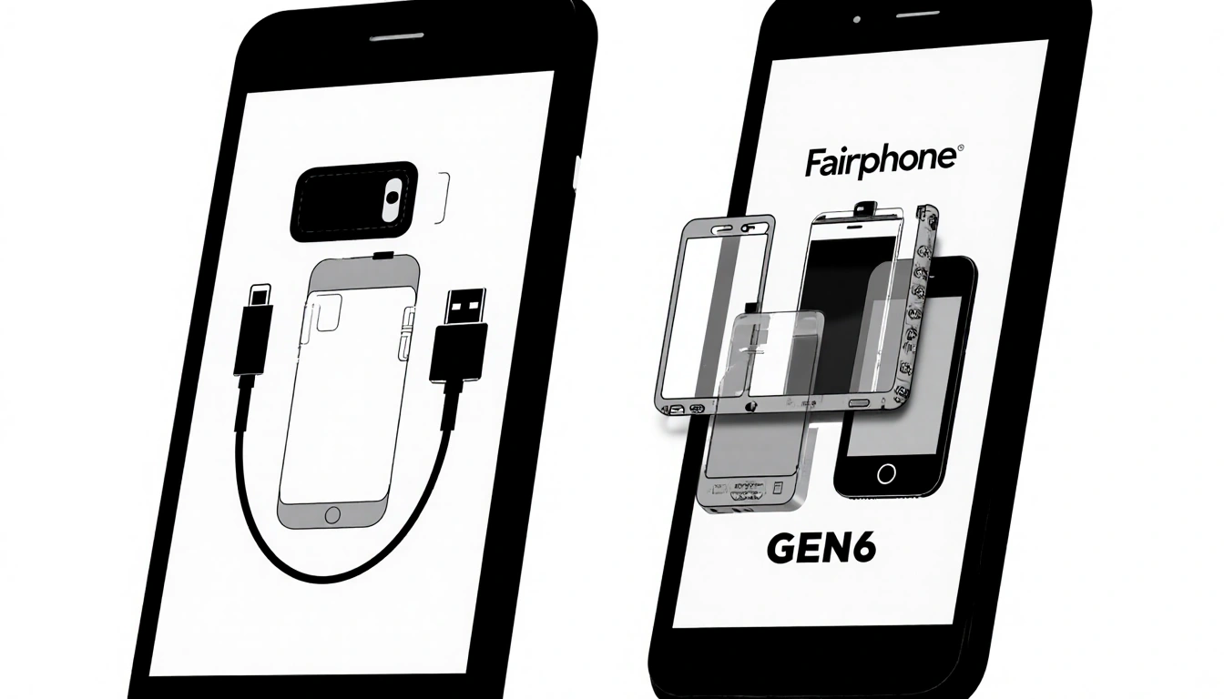 Two smartphones side by side with a removable modular backplate and accessories on the left and repairable screws on the righ