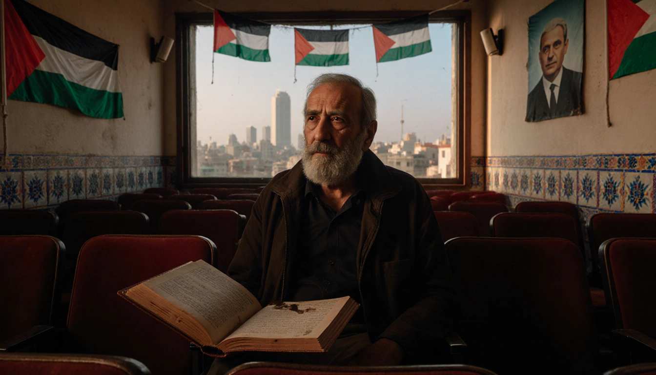 Mohammad Bakri sits alone in dim Israeli cinema hall with warm glow and worn leather book beside him and Palestinian flags