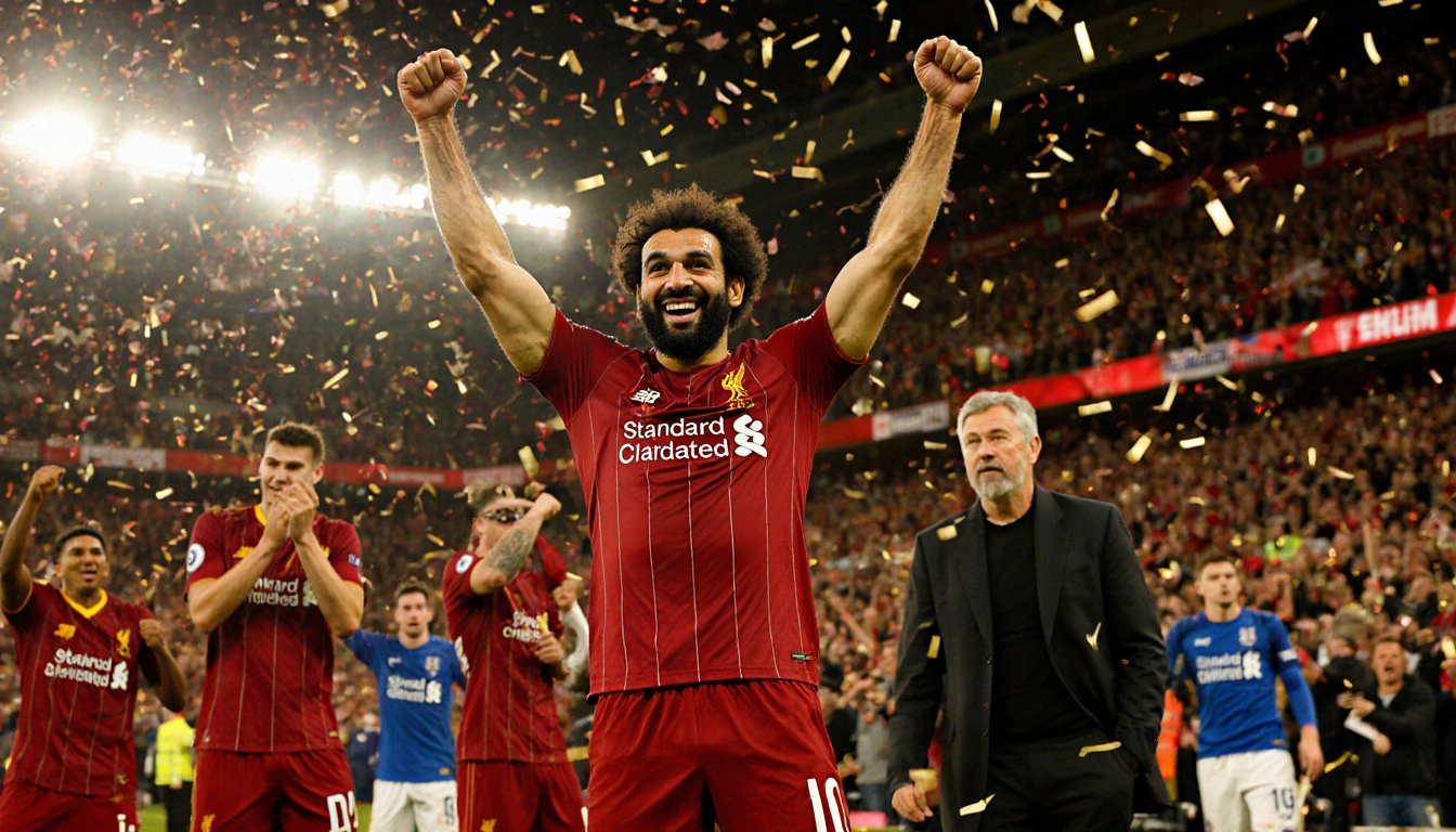Mohamed Salah of Liverpool celebrating after scoring with teammates and confetti while Arne Slot watches proudly in golden li