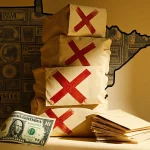 Stack of money bags and envelopes overflowing with red X marks against a Minnesota map with federal funding logos.