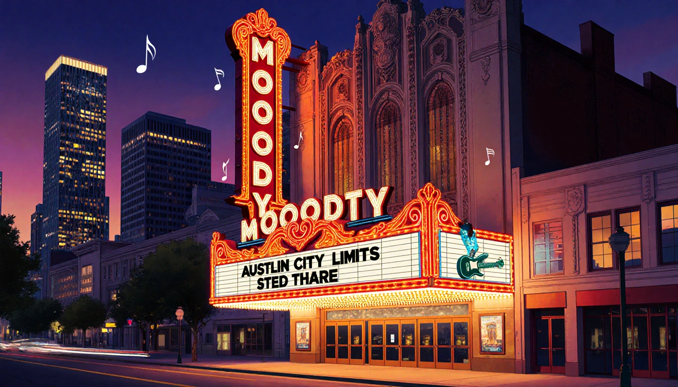 Moody Theater marquee glowing with ACL Live neon lights and music notes over Austin night skyline