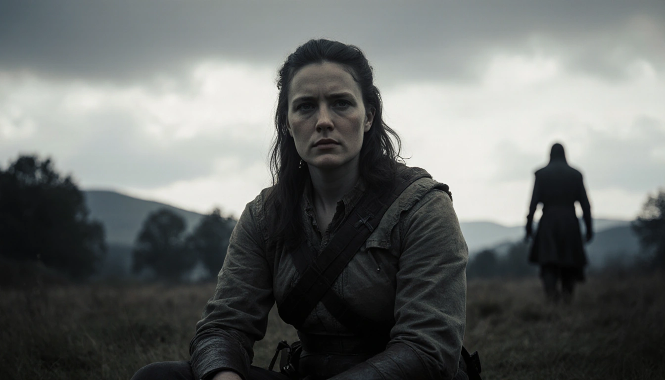 Morgan Geyser sits in worn clothing in rural scene under overcast sky with lone figure walking away into darkness.