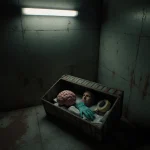 Rusted shipping container showing packaged brain hand and face with medical tape and gloves in dimly lit morgue