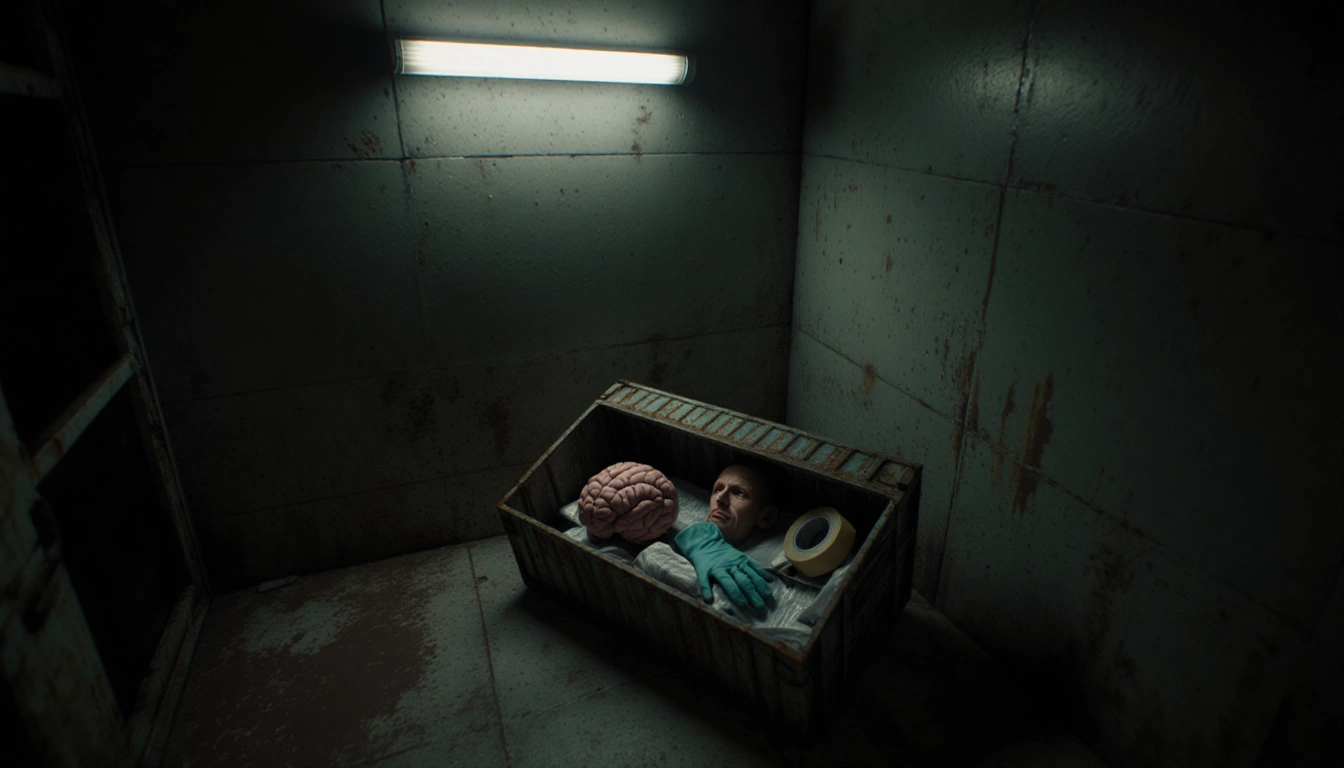 Rusted shipping container showing packaged brain hand and face with medical tape and gloves in dimly lit morgue