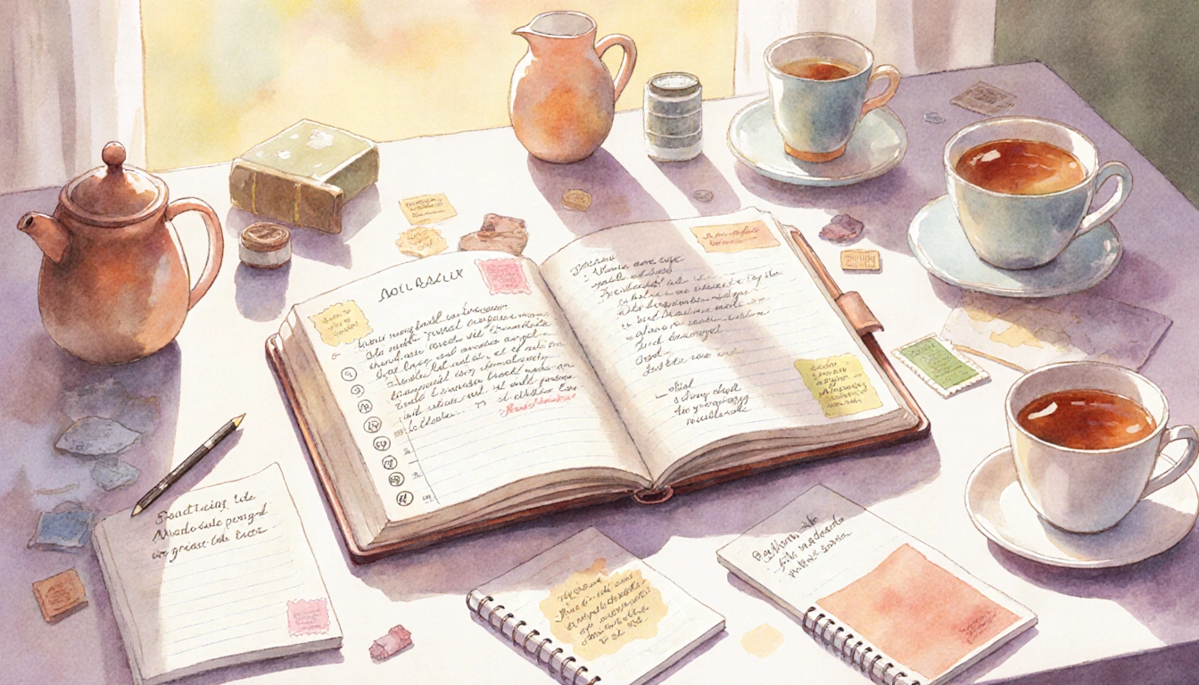 Diary opens with handwritten entries and date stamps beside a steaming tea cup under warm morning light
