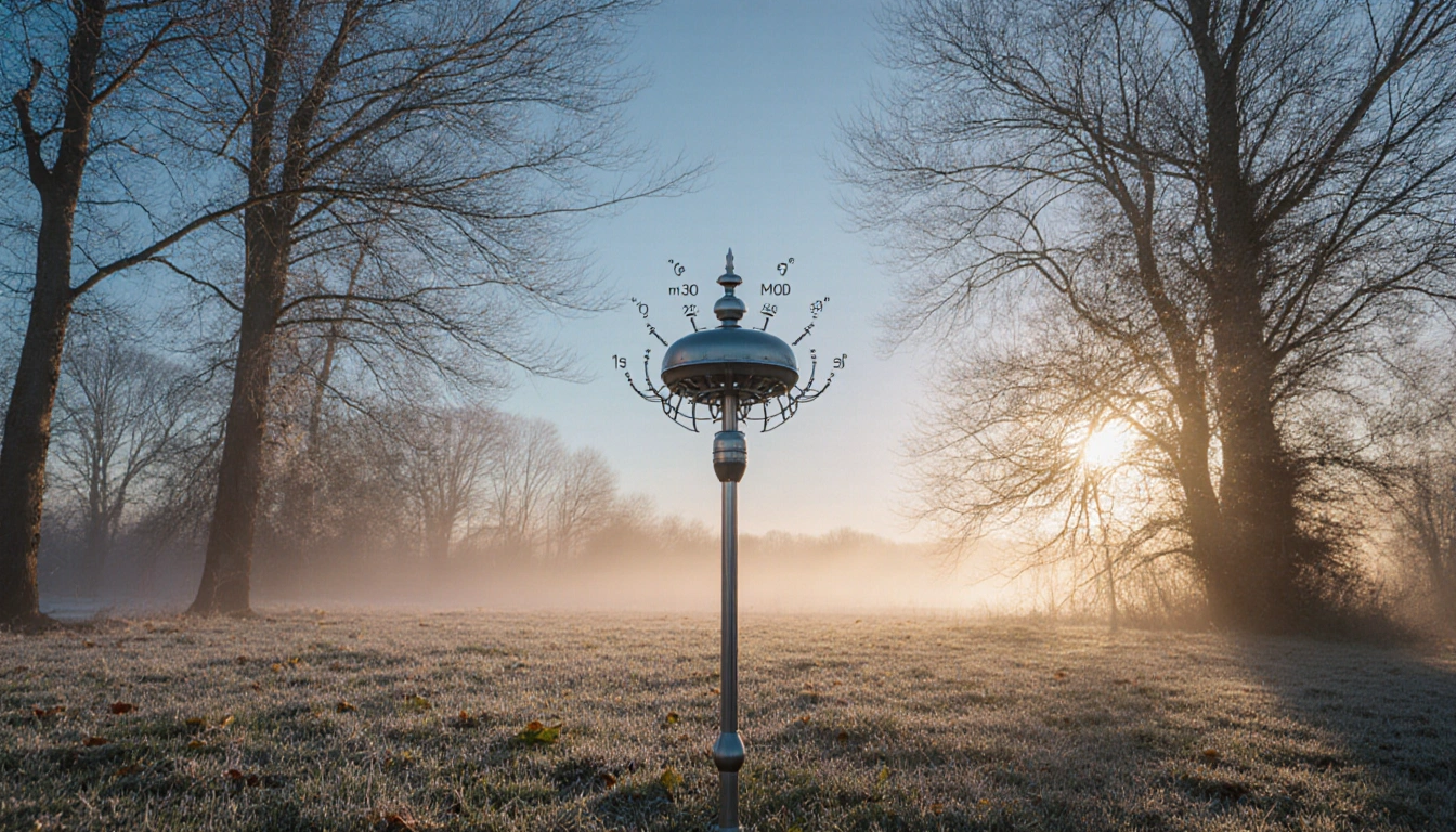 Weather station displays mid-30s temperature reading with morning mist and long shadows across dew grass