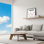 Chart showing 6.18% hangs on wall with books beside it and a large window with blue sky