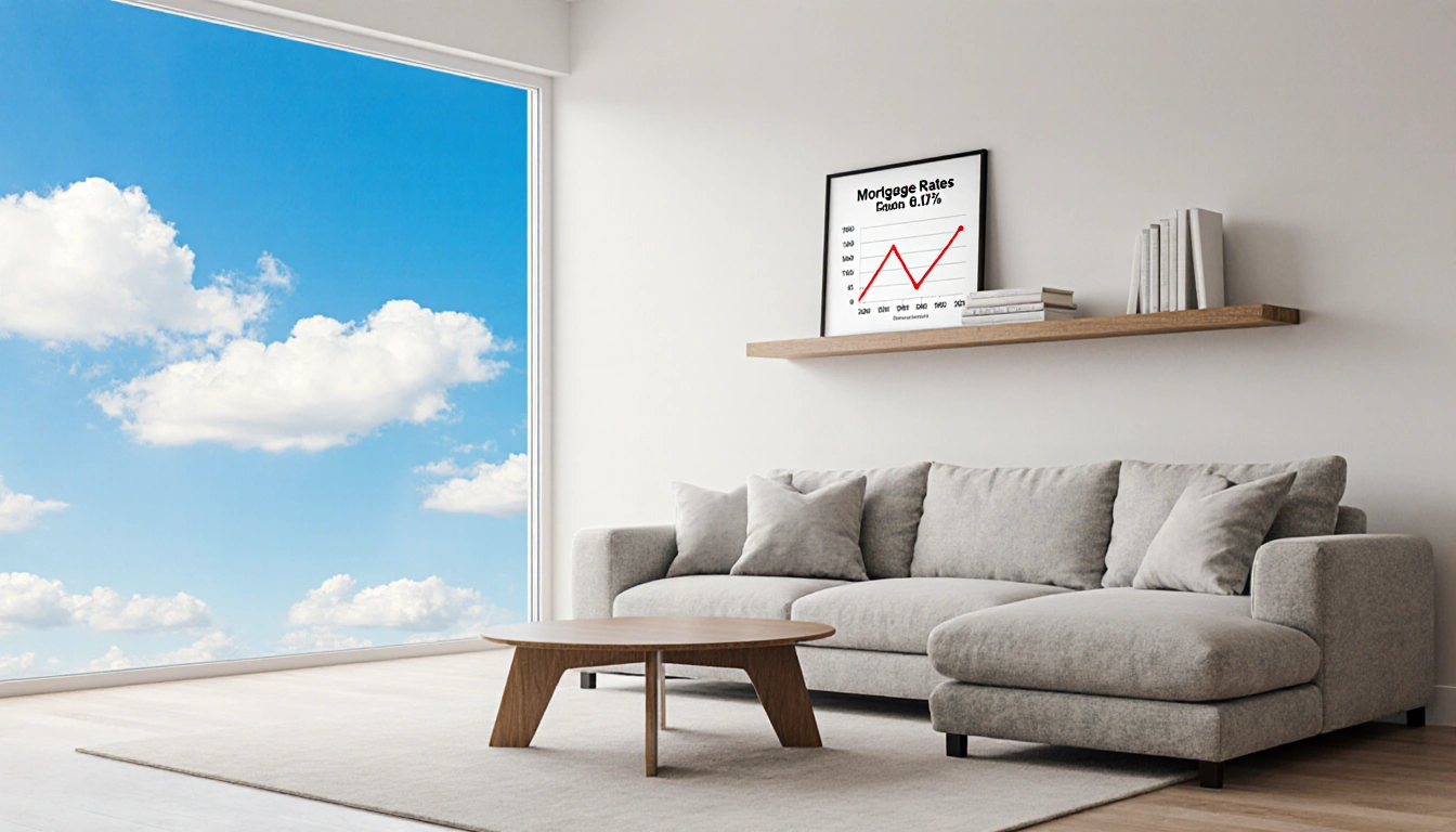 Chart showing 6.18% hangs on wall with books beside it and a large window with blue sky