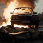 Burning car explodes with smoke over dark Moscow street while an open black briefcase reveals a Russian uniform and insignia