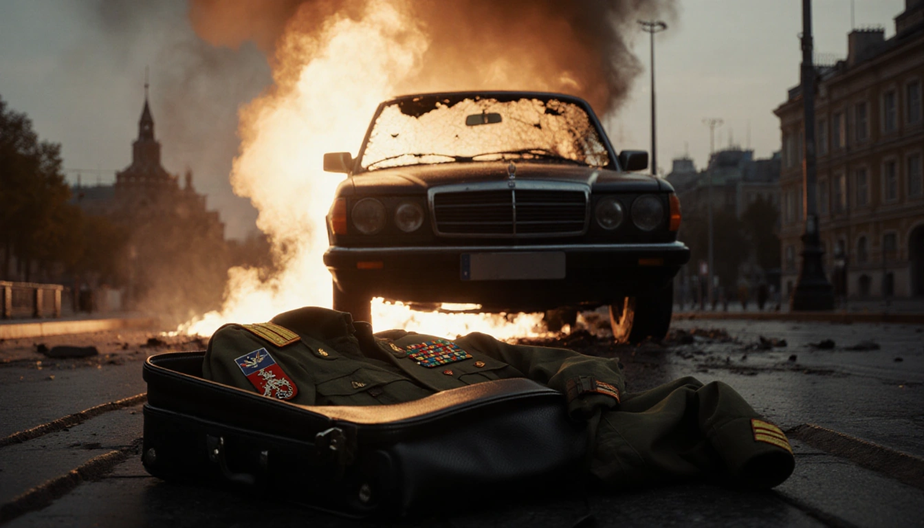 Burning car explodes with smoke over dark Moscow street while an open black briefcase reveals a Russian uniform and insignia