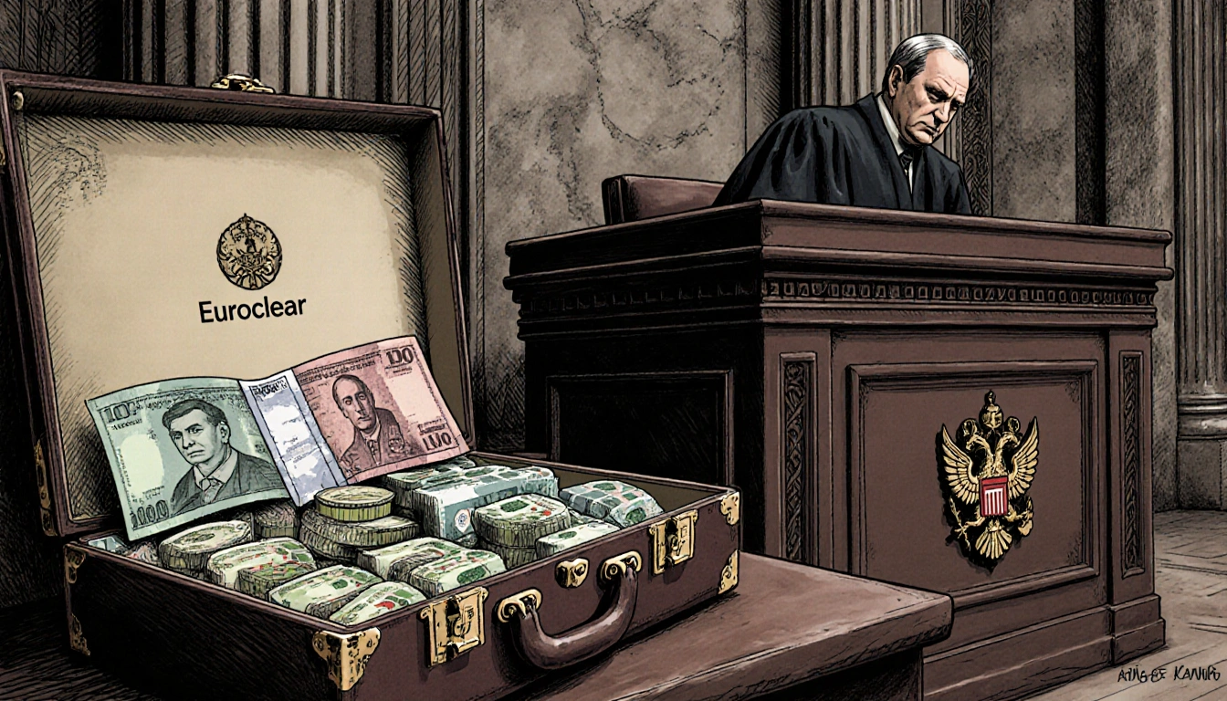 Judge presides over case with ornate briefcase showing frozen Russian assets and Euroclear logo in solemn Moscow courtroom