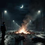 Traffic police officers lying motionless on Moscow street with metal crater lit by emergency lights