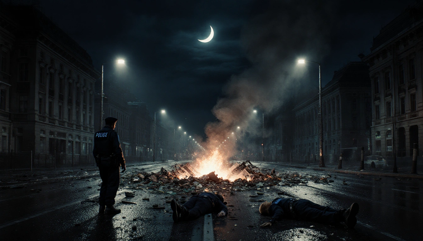 Traffic police officers lying motionless on Moscow street with metal crater lit by emergency lights