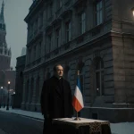 Laurent Vinatier standing with a table showing a French flag and Russian diplomatic document near the Kremlin backdrop.