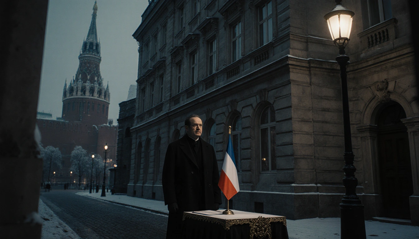 Laurent Vinatier standing with a table showing a French flag and Russian diplomatic document near the Kremlin backdrop.