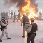 Chat window showing assistant refusing to comply with violent content request with text offering help