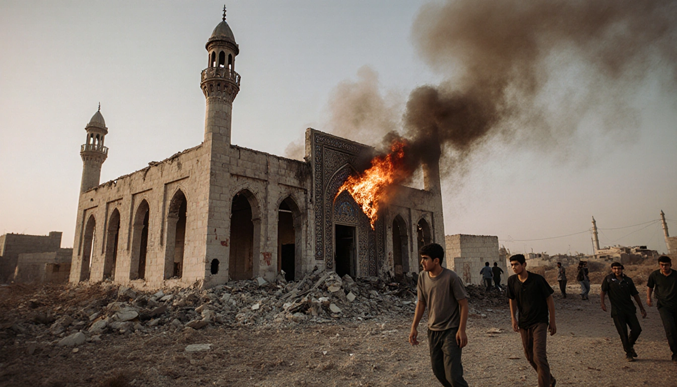 Desecrated mosque with flames and smoke while settlers flee and Palestinian youths walk away in fear.