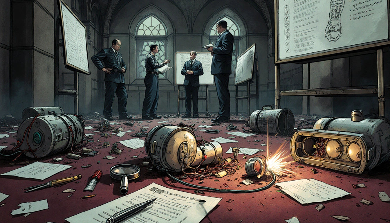 Forensic investigators examine explosive devices with wires and fuses while officials review reports on whiteboards and debri