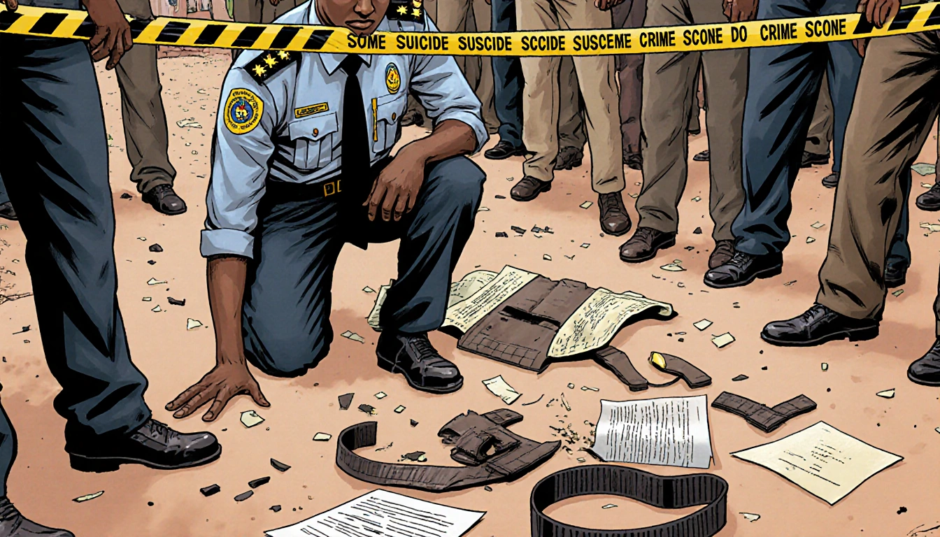 Nahum Daso kneels beside crime scene tape with broken vest fragment and yellow-black forensic markers.