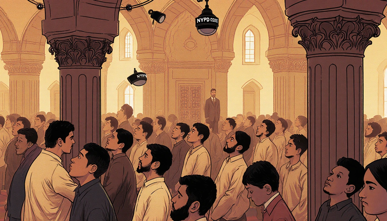 Muslims praying in dim mosque interior with hidden cameras and undercover officer among the crowd