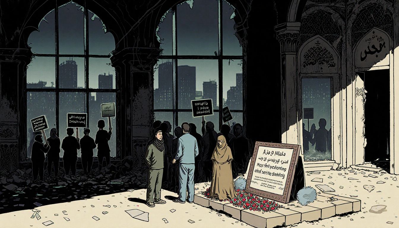 Alawite mourners gather around a memorial plaque with shattered mosque windows in the background and protestors holding signs