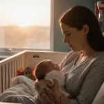Mother cradles her infant in a hospital crib with a warm Texas sunrise glowing through the window