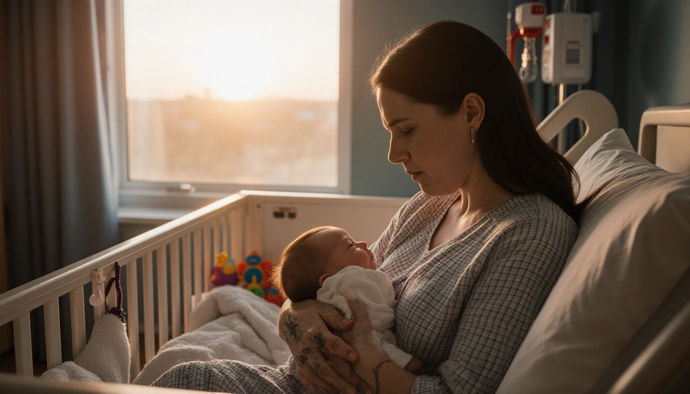 Mother cradles her infant in a hospital crib with a warm Texas sunrise glowing through the window