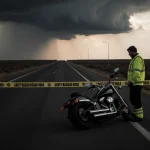 Lone figure in reflective gear looks down at a side‑lying motorcycle with police tape and stormy sky
