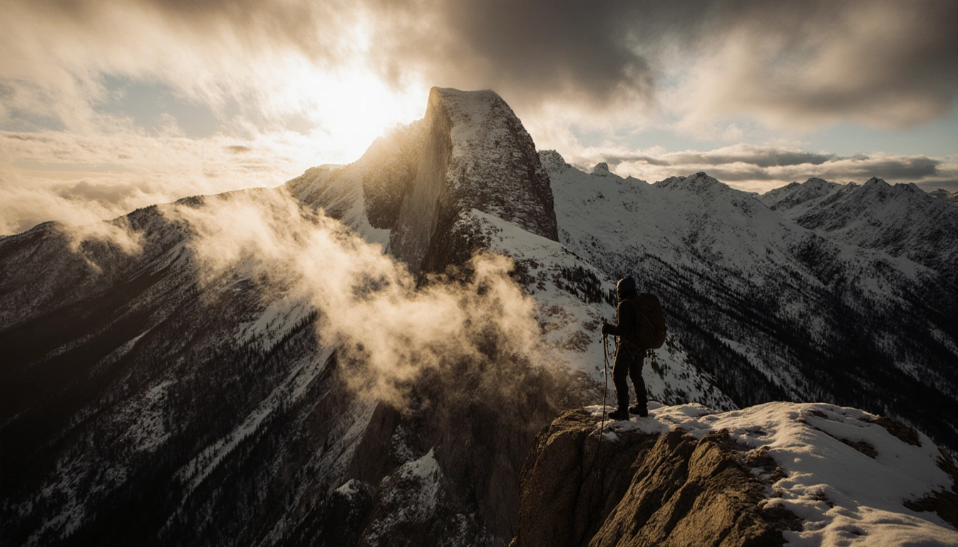 Hiker silhouette standing on Mt. Baldy snow‑capped cliff with rope and sunrise light