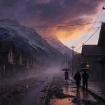 People looking up at looming clouds with waterlogged streets and misty dusk