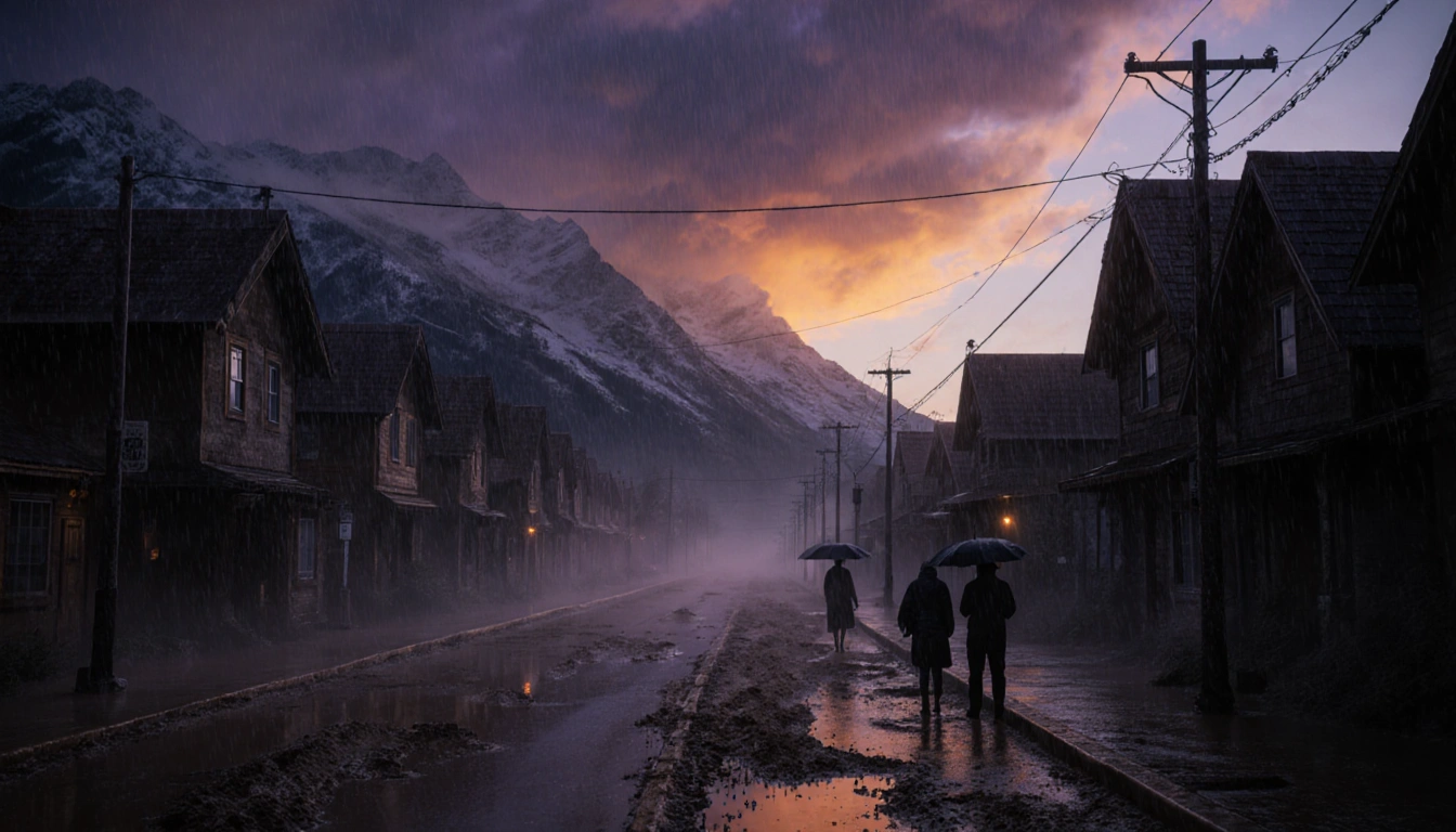 People looking up at looming clouds with waterlogged streets and misty dusk