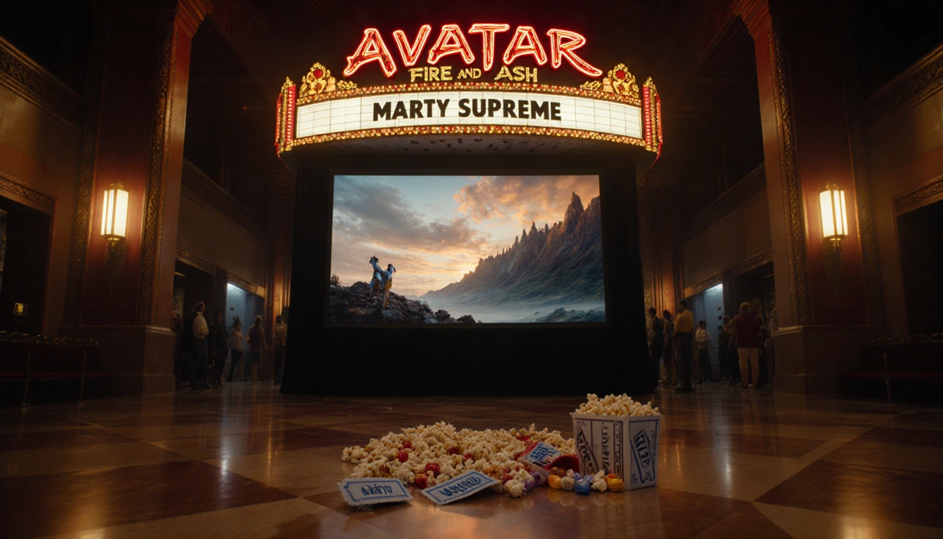 Movie theater lobby with a giant screen showing Avatar: Fire and Ash action and a marquee spelling Marty Supreme