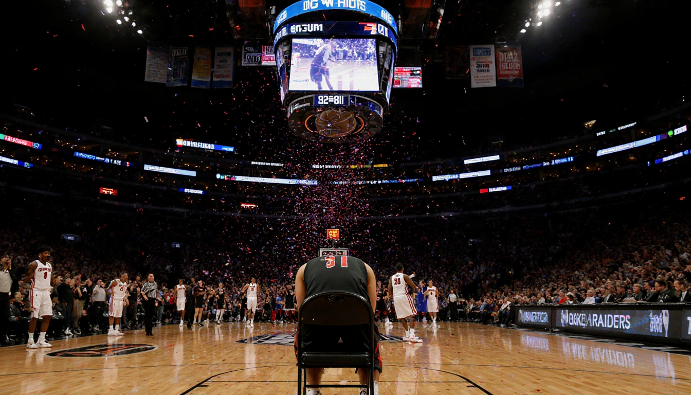 Duke player slumping over chair with scoreboard 82-81 in Madison Square Garden and Texas Tech celebrating in background.