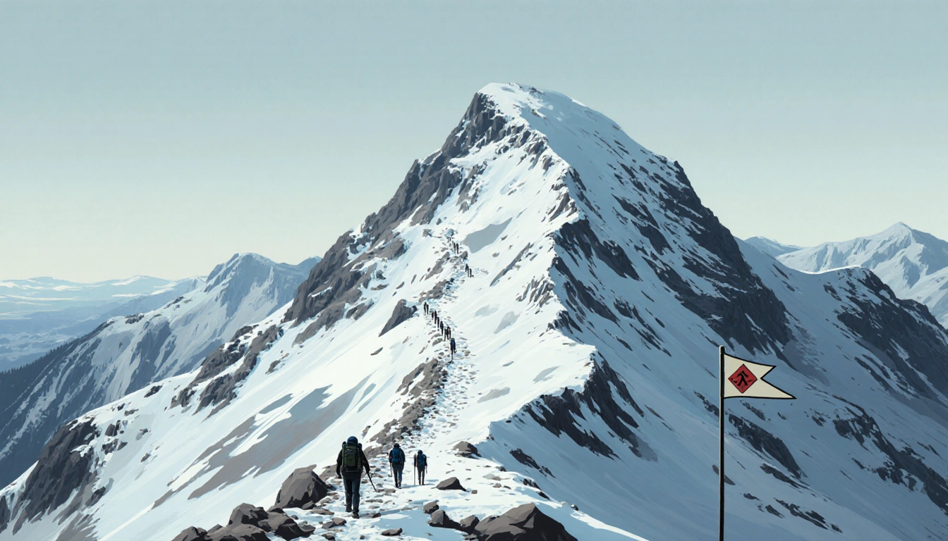 Hikers trek up Mt. Baldy trail with snow-covered slopes and icy patches and a distant flag marking the route