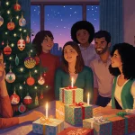 People from diverse backgrounds gather around a decorated Christmas tree with festive lights and candles.