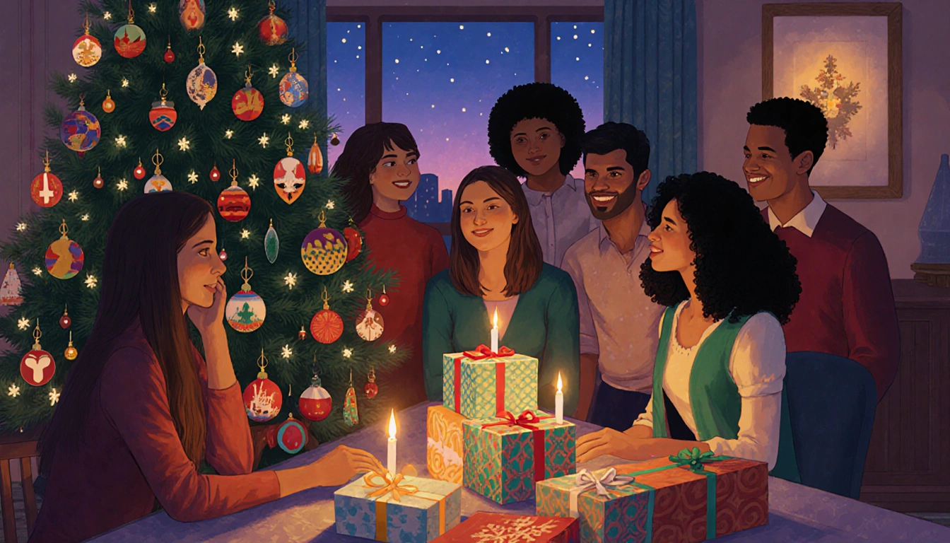 People from diverse backgrounds gather around a decorated Christmas tree with festive lights and candles.