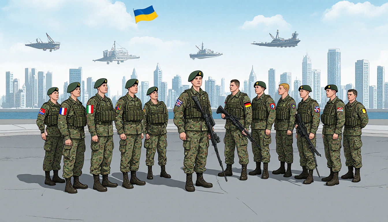 Multinational force standing together with Ukrainian soldiers in Ukrainian city and clear skies.